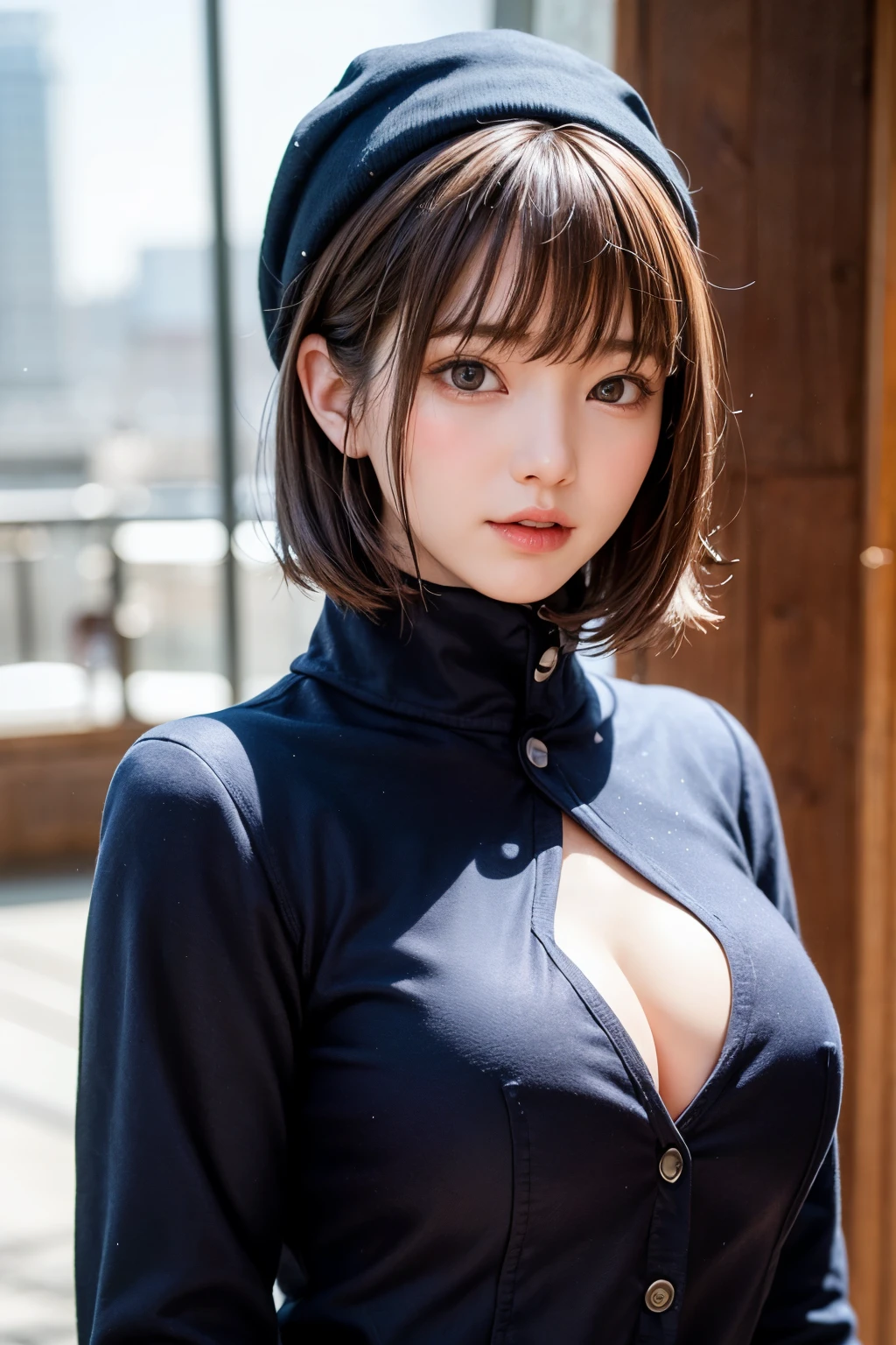 (masterpiece, Highest quality),One Girl, solo, Black-haired, scarf, hat, Realistic, Realistic, Looking at the audience, Light-coloured black eyes, Short brunette bob hair, Brown coat, Winter clothes, White headscarf, Lips, Bans, Plein Air, Mouth closed, Upper body、Big eyes、Eyelashes、((Beautiful landscape with sparkling snow))、(((Short bob hair with bangs、Shiny Hair、Big eyes、large full chest、Intensely accentuates the eyes、Staring at the audience、Beautiful beauty、Listen carefully、Long neck、Smile a little、Please close your mouth and laugh、Ideal body proportions)))、{huge|big|hugeな|Mega} chest, chestの谷間