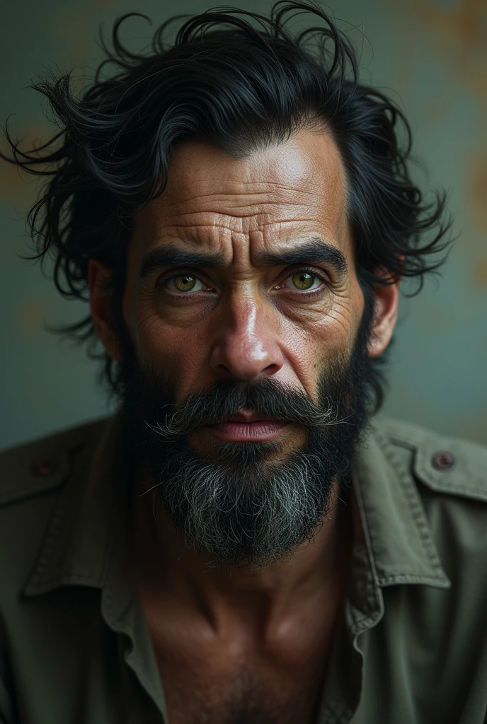 Juan is a tall, thin man., with dark hair . His green eyes are surrounded by dark circles, which reveals his tiredness and hopelessness. He has a beard of several days.