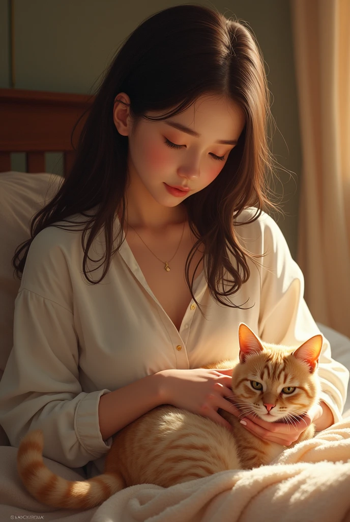 Woman combing her cat's fur