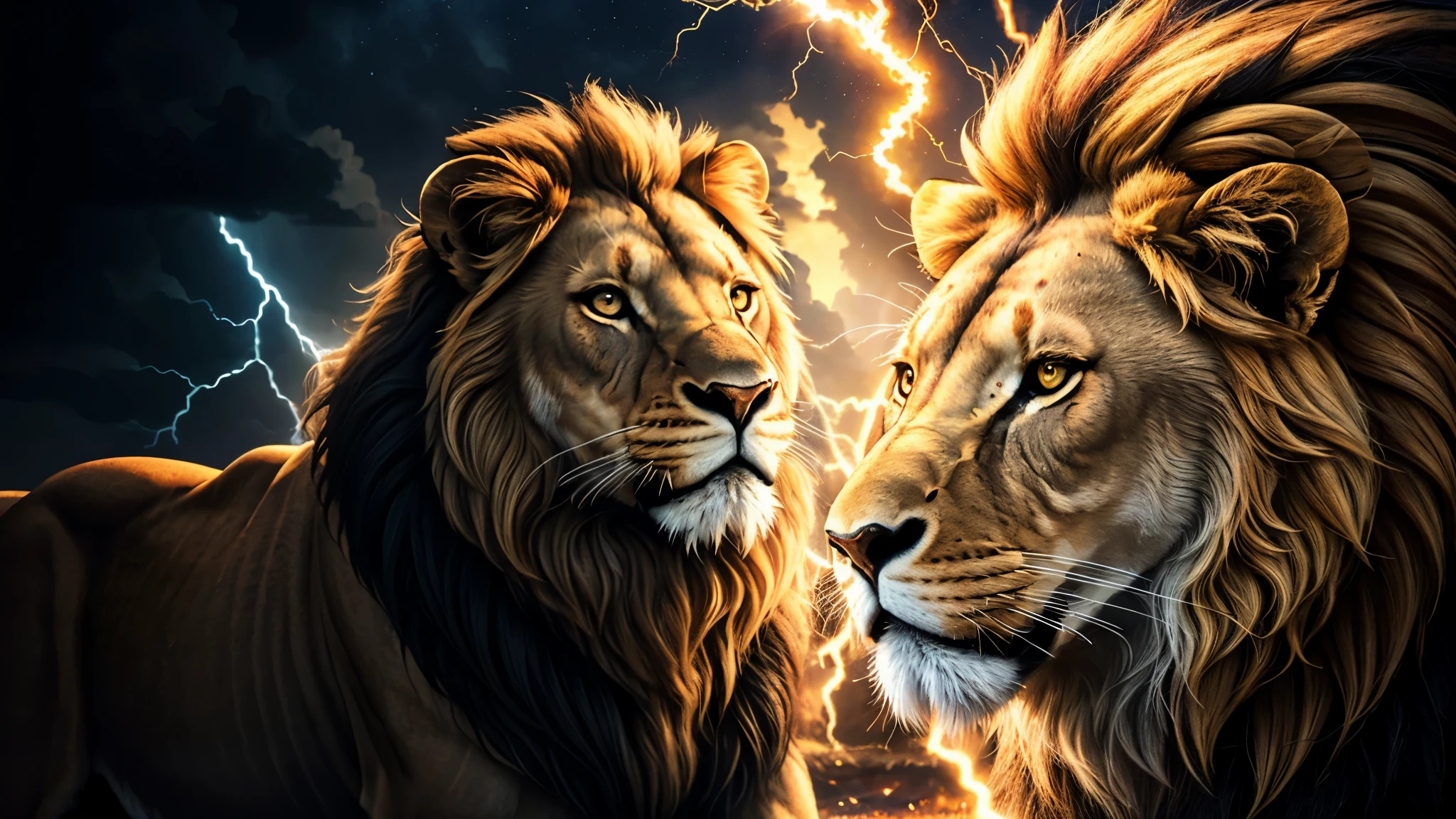 Lion, lions, Divine lion, naturals, thunder, Realistic lion, rey, realistic detailed, sunset light, sky, sol da noite, realistic detailed 16K, Eletricidade Detalhada 8k, Texturas realistas de 8k, Cores photorrealistic 8k, fire azul, realistic detailed Fire Bolt, sky Light Detailed, Power of thunder, Divine Realistic, golden crown, golden crown, golden crown, naturey, Linda, Rendering, photorrealistic, UltraHigh definition, 4K, detailed textures, thunder, detailed shadows, detailed colors, neon blue, blue light, lightning strikes, blue power, naturey Linda, Great Divine, peaceful face, naturalss, lightning strike, Electric power screw, detailed contrast, realistic contrast, high resolution, detailed colors, fire, villany, divine creature, 8k FullHD, realistic detailed, 16K, 8k, High definition, detailed contrast, realistic contrast, high resolution, detailed colors, fire, villany, divine creature, 8k Realistic lion Face, Beauty Lion, Beauty Nature, realistic detailed, chic, elegance