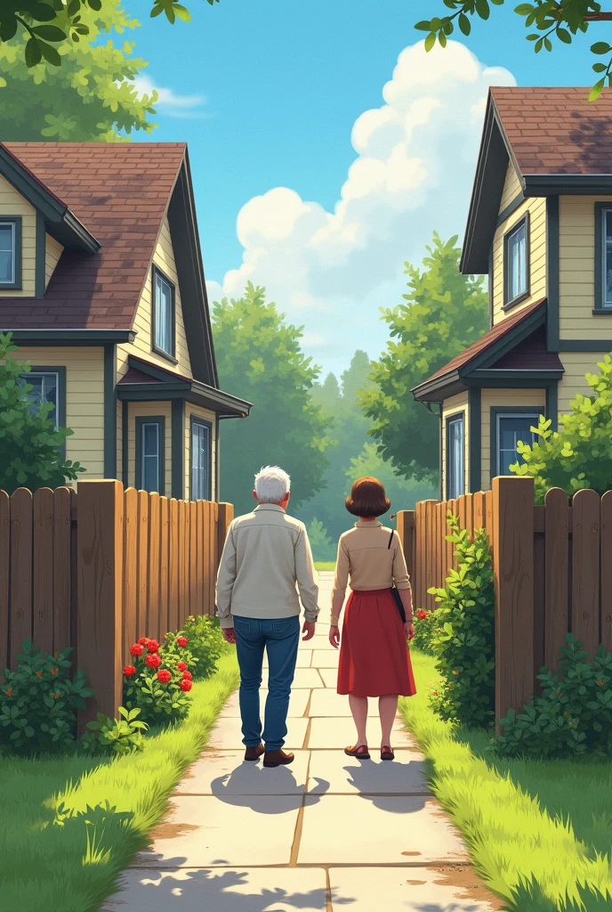 Two neighboring houses, with Max and Bella occasionally meeting at the fence, exchanging brief, polite greetings.