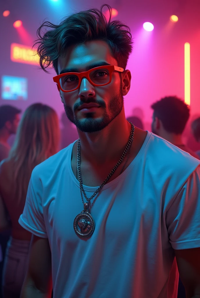 A REBEL HANDY MAN WITH SHORT HAIR,WEARING RED GLASSES AND WEARING WHITE T-SHIRT,wearing a silver necklace,in a night club
