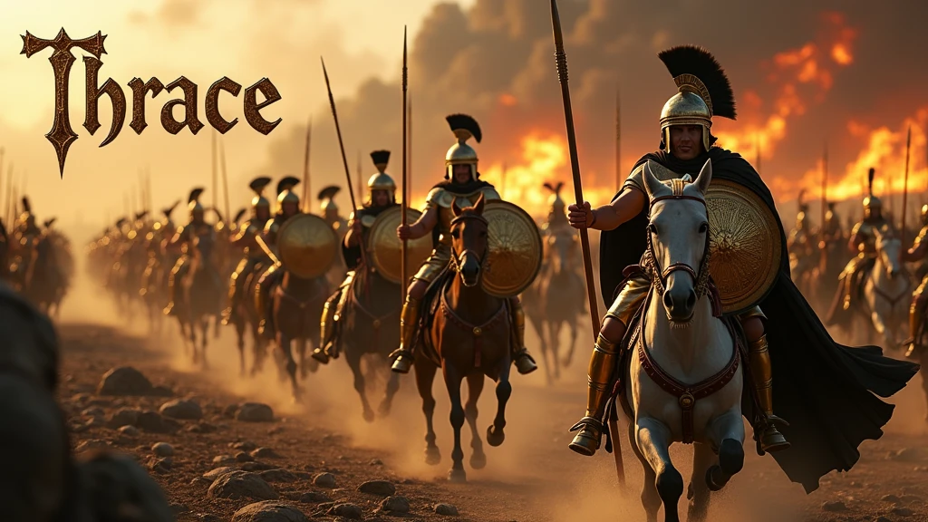 ( photographie ; ultra-réaliste ; ultra-détailé ) Armée de thrace dans la grèce antique portant des armures dorées reflétant la lumière, des tissus noirs, munie de leurs lances d'argents et leurs bouclier dorés, ils chargent vers les ennemies à pied ou à cheval, sur un champ de bataille apocalyptique dévasté, jonché de cadavres. En arrière plan on aperçoit la ville de Troies en feu. Il est écrit "Thrace" dans le ciel en lettre gothique