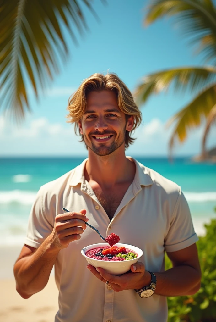 Man aged 25 to 35, at beach , salmonete, hair blonde, brown eye eating acai in the park, ultra HD, high qualiy, best qualityer, high resolution, 8k, 16K