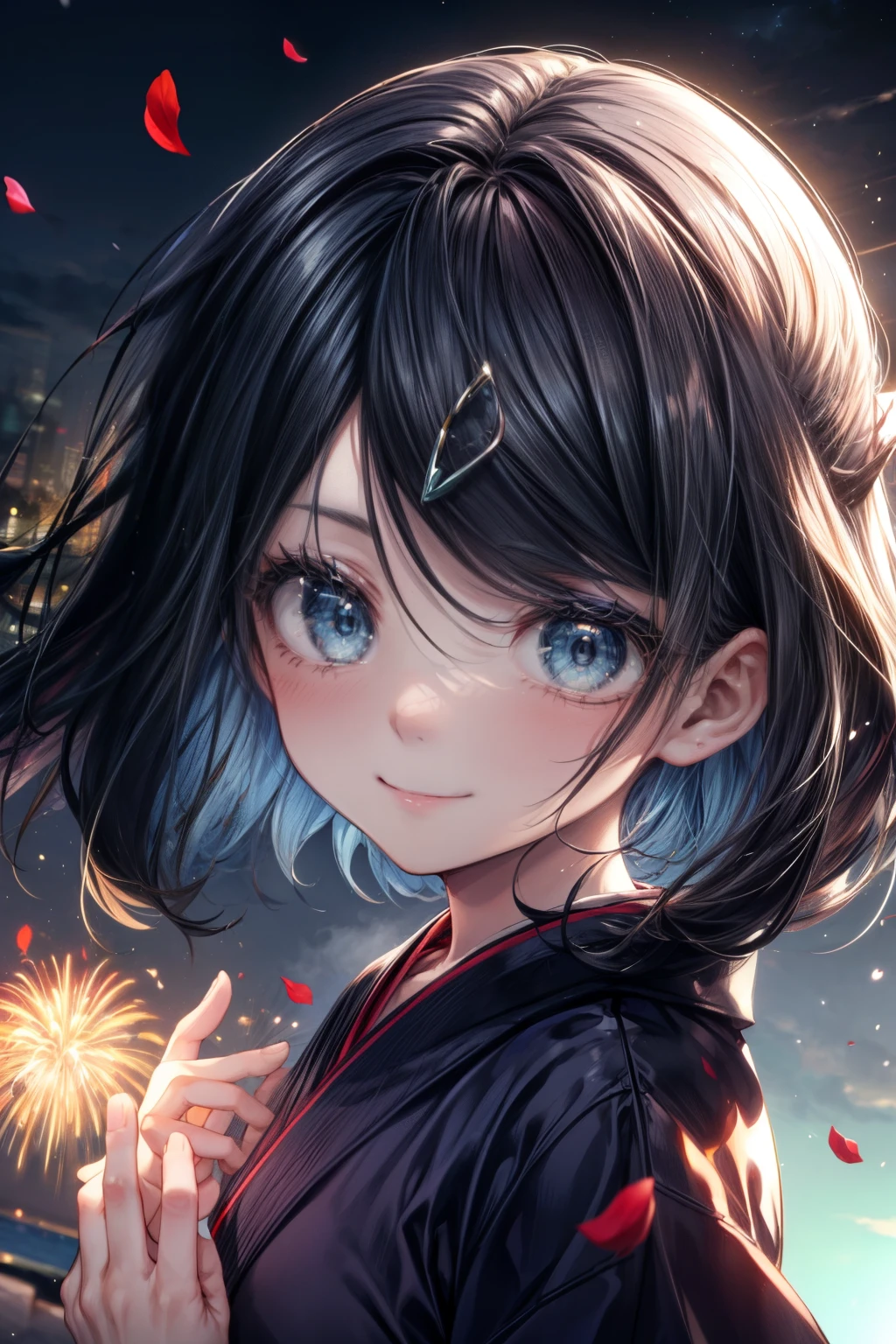 ((nsfw)), (masterpiece, Highest quality, 8K ultra-high resolution:1.4), yo, kawaii, Pokemon Riko, (A colorful navy blue yukata, Light blue ruffled underwear, night: 1.4), (Summer festival), ((turn around)), Beautiful Eyes,Flash photography, Backlight,  ((Close-up of face:1.4)), (The best smile of my lover:1.4), ((((Smile brightly)))), (Show your palm to the camera), (Beckon), Written boundary depth, Dramatic portrayal, (Colorful fireworks background), Focus of the film, , Emotional composition, Emotional engine full throttle BREAK Young and cute, Slender body, Flat Chest, Highly detailed glossy skin,Sweat,  完璧なPokemon Riko
, Wind, detailed in the Wind, petals dancing in the Wind
BREAK
ultra detailed crystal eyes, Eyes like shining jewels