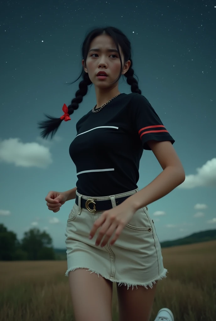 1 thai-japanese beautiful girl, 22s, black tight t-shirt with black and small white horizontal stripes, cream jean mini skirt with side pocket, black military belt with silver plate mordern belt buckle, black neckline and sleeve hem with red at the middle, motion blur, depth of field, best solution, best quality, high detailed, 32k, full body shot, black 2 braids with red bow made from narrow ribbon, low angle shot:1.4, white sneakers, slim and perfect figure, perfect body proportions, emphasize breast and thigh, medium breast, starry sky:1.4, walk home, nobody, danger, scary, running away very fast:1.4, frightening face, look back, very dark, open sky, field, dynamic compositions, dynamic pose, emphasize sky, motion blur