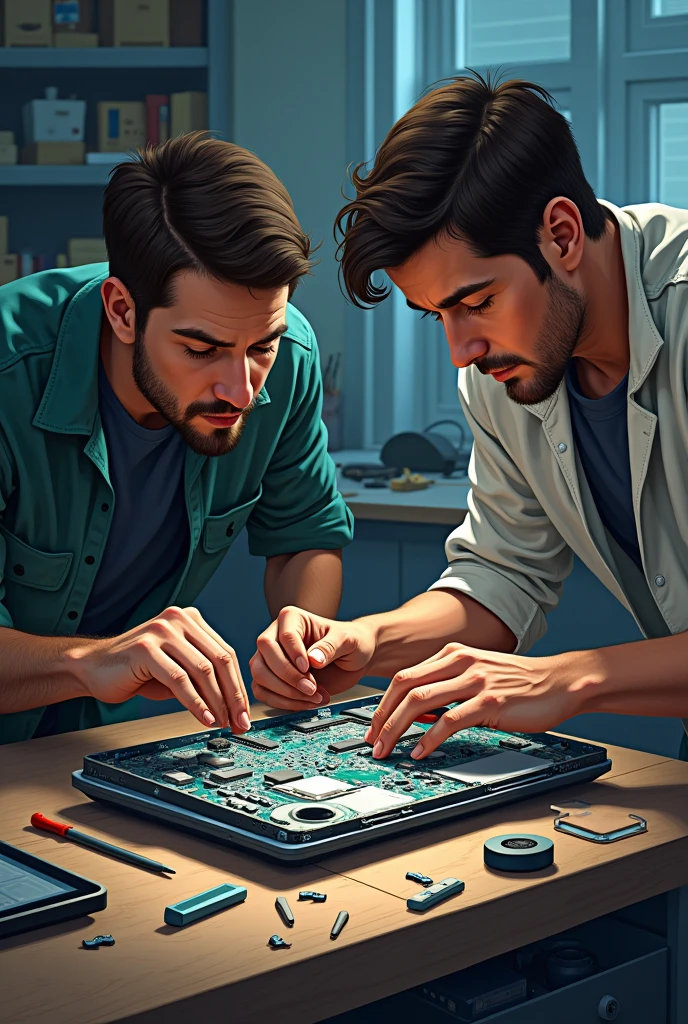 Disassembling a Laptop by two guys on a table that is drawing