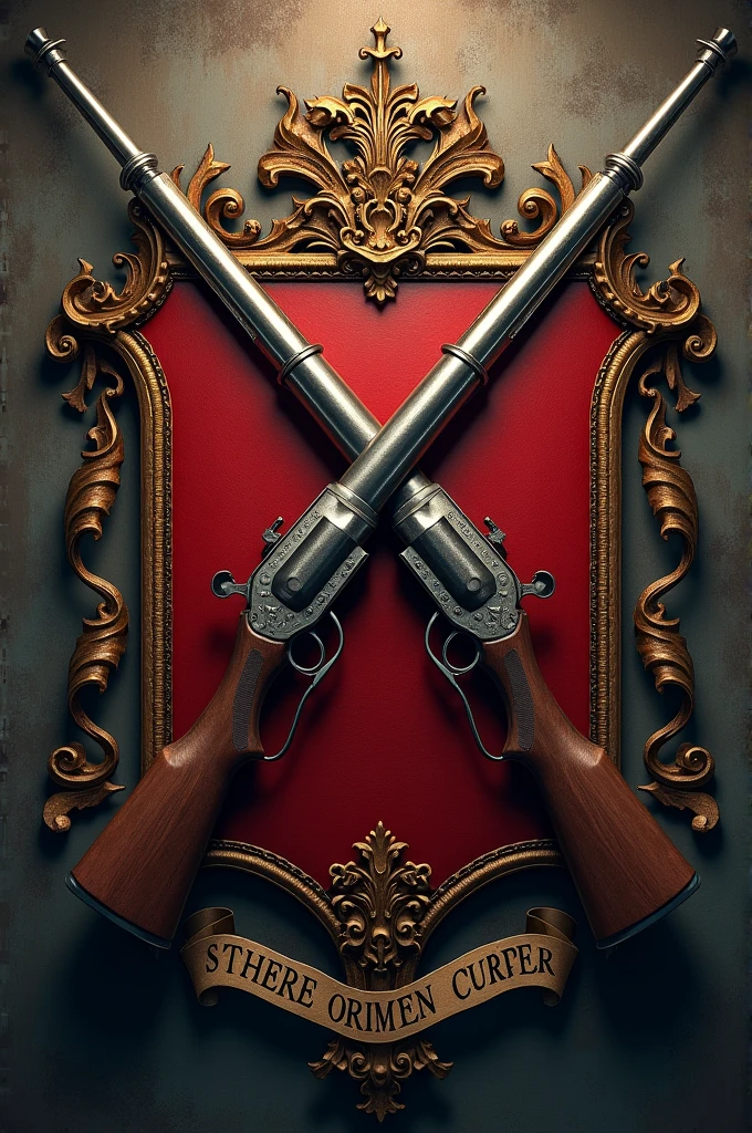 Coat of arms with two crossed rifles and a motto 