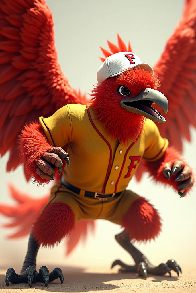 Aggressive red phoenix bird with yellow baseball uniform and white cap with red letter F, planted to hit