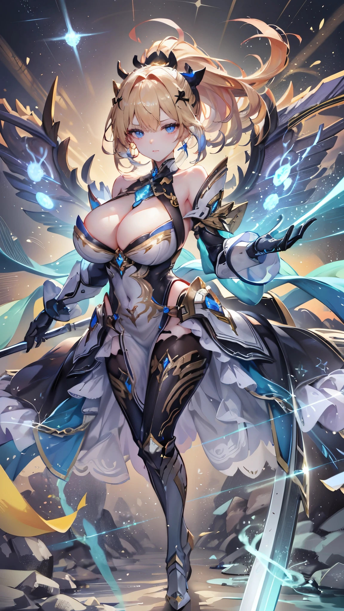 battlemech,(Blonde girl),(Huge ponytail),Glowing blue eyes,Blue Light Energy Longsword,Galactic,Mechanical and exquisite,((Blonde Beauty))pubic detail,Mech Wings,elegent,blue mecha,Glowing blue-blue eyes,(Stocking Heels),land,Mechanical and exquisite,pubic detail,Mech Wings,elegent,The tree々,There are hands and feet,angled,angled,immensity,wind,hazy,Mecha's eyes glow blue,blue mecha,Glowing blue-blue eyes,Holding the sword of delicate light energy,Sky,Mechanical and exquisite,pubic detail,Huge Mech Wings,elegent,The tree々,There are hands and feet,angled,angled,immensity,baiyun,hazy,Mecha's eyes glow blue,pubic detail,winds of the future,sacredness,Cavalier,battlemech,Glowing blue eyes,Blue Delicate Sniper Rifle,Sky,Mechanical and exquisite,pubic detail,Huge Mech Wings,elegent,The tree々,There are hands and feet,angled,angled,immensity,baiyun,hazy,Mecha's eyes glow blue,pubic detail,winds of the future,sacredness,Cavalier,the face is clear,Face wearing mask armor,masterpaintings,best qualtiy,offcial art,the Extremely Detailed CG Unity 8K Wallpapers,brightened light,(light particules,(Illustration)(colour)goodlooking,impeccable,((Graphic Painting)),(Heavier stroke)),(bold lines),Highest image quality,masterpaintings,Filigree,long eyeslashes,(((silhuette))),Very detailed background,tulips,Banana leaves,Lilie,dew,Date palm flowers,Ryu,Light white off-the-shoulder dress,Mottled sunlight,(Close-up of people),((Super best quality)), ((A very masterpiece)), ((super detailing:1.4)), ((hyper realistic lifelike 3d)), Dragon Warrior Girl, Mechanical body, Dynamic action poses in battle scenes, Mechanical weapons of very complex and heavy fighters, Off-the-shoulder fashion that blends dense and complex steampunk with dense gothic ta, Complex steampunk headgear, very thin long legs, Mechanical boots above the knee, Fluttering lace flared mini skirt, beautiful big breasts directed upwards,Somewhat long, Vertical curly silver hair fluttering in the wind,Countless shining large s