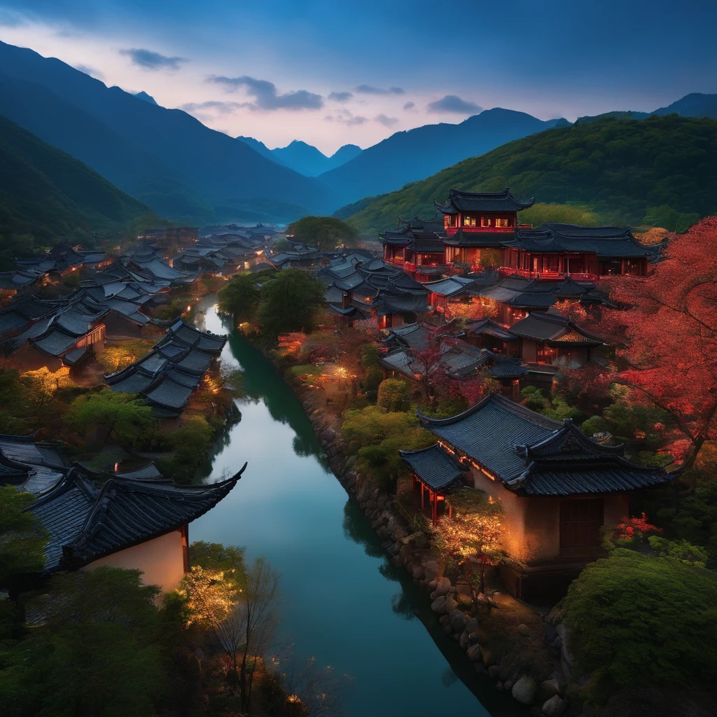 Chinese village with Japanese castle in the center, some river paths through the village , Without river 