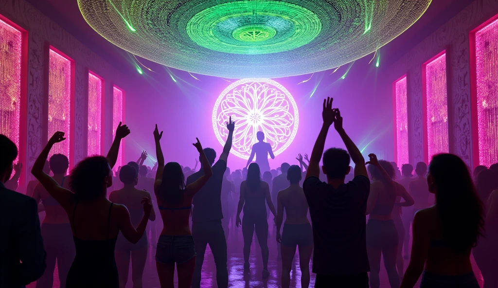 Image of a dancing audience from behind, jumping and raising his arms in front of a DJ on stage in a very very small bar with a dim purple lighting ambiance. A very large luminous flower of life in the center. Psychedelic pink and neon green string art on the walls. A fluorescent green openwork lycra fabric on the ceiling. multicolored lasers in the direction of the audience