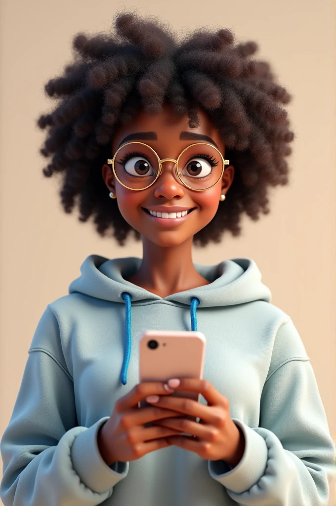 Create a 3D rendered character of a young African American woman with curly dark brown hair, loose and voluminous hairstyle. She should have large, expressive brown eyes and wear round, gold-rimmed glasses. The character must have a warm, friendly smile. She is dressed in a light gray sweatshirt with blue drawstrings and holds a smartphone with both hands, looking at it with a happy expression. The background should be light and neutral, allowing the character to stand out.