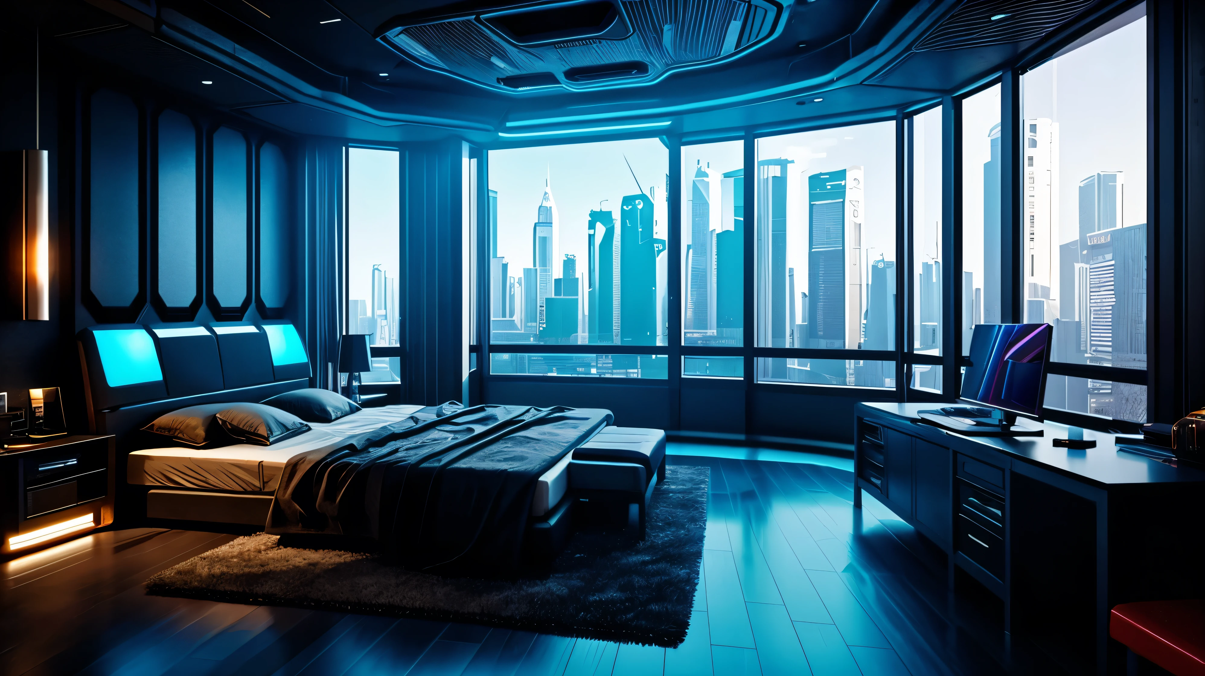 scifi, cyberpunk, futuristic, bedroom, hightech, daylight, cozy, much space, wide angle, a lot of tech