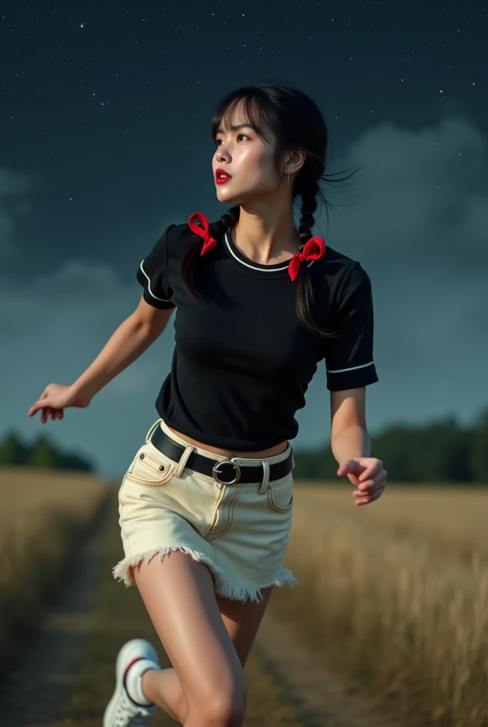 1 thai-japanese beautiful girl, 22s, black tight t-shirt with black and small white horizontal stripes, cream jean mini skirt with side pocket, black military belt with silver plate mordern belt buckle, black neckline and sleeve hem with red at the middle, motion blur, depth of field, best solution, best quality, high detailed, 32k, full body shot, black 2 braids with red bow made from narrow ribbon, low angle shot:1.4, white sneakers, slim and perfect figure, perfect body proportions, emphasize breast and thigh, medium breast, starry sky:1.4, walk home, nobody, danger, scary, running away very fast:1.4, frightening face, look back, very dark, open sky, field, dynamic compositions, dynamic pose, emphasize sky, motion blur