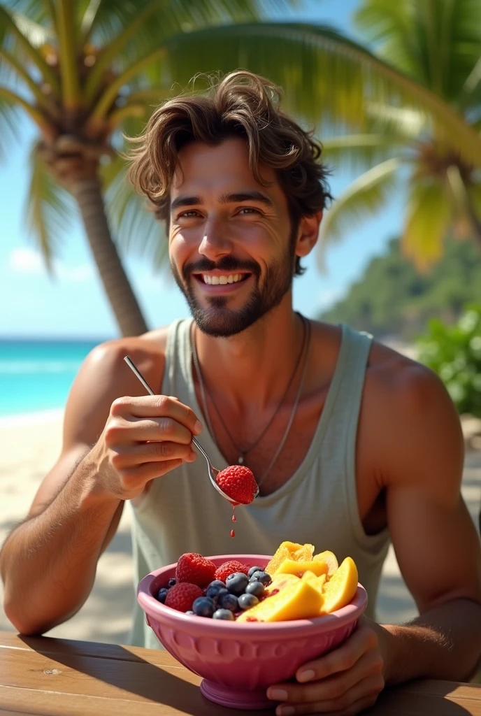Man aged 25 to 35, at beach , salmonete, brown eye eating acai in the park, ultra HD, high qualiy, best qualityer, high resolution, 8k, 16K