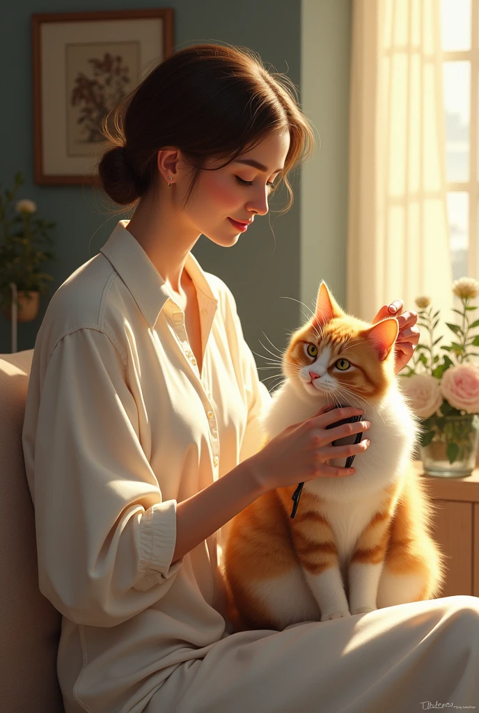 Woman brushing her cat with a hairbrush