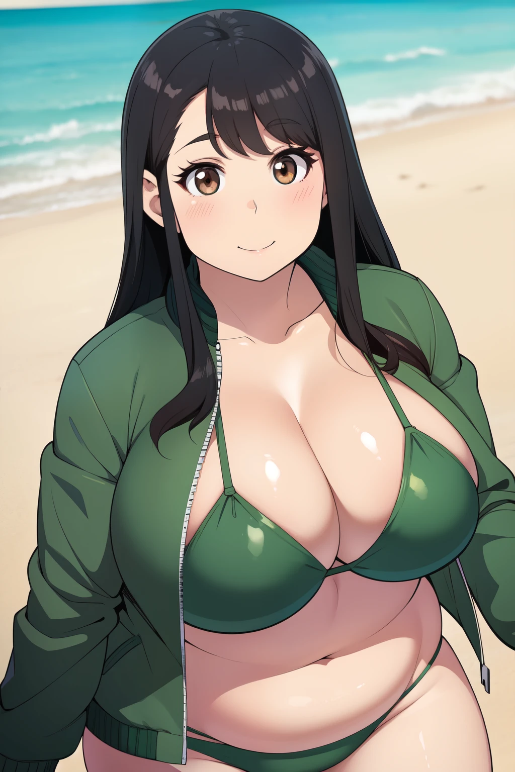 Plump year 21 big breasts black hair brown eyes happy longer hair smile blushing green jacket bikini