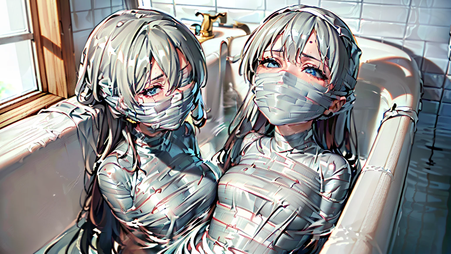 mummification, blindfold, tape gagged, (one girl:1.4), (bathroom:1.4), (full bathtub with water:1.4), (Highly detailed CG Unity 8k), (highest quality), (Very detailed), (Ultra-high resolution), (Hands tied behind back), (Wrap the heads around with white duct tape:1.4), (Wrap the eyes around with white duct tape:1.4), (Wrap the mouth around with white duct tape:1.4), (blindfold around with white duct tape:1.4), (Wrap the face around with white duct tape:1.4), (From head to toe, wrap them in white duct tape to make a mummification:1.4), (Body is completely under water:1.4), 