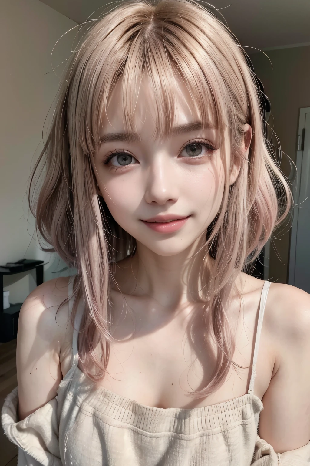 High resolution, Anatomically correct, Highest quality, High detail, Very detailed, Textured skin, Ultra high definition, Disheveled Hair, Gradient color hairstyle, Highlight color hairstyle, smile, Open your mouth, one person, Brown Hair, A big smile showing all your teeth、Smile、Short Bob、Light grey and pink hair