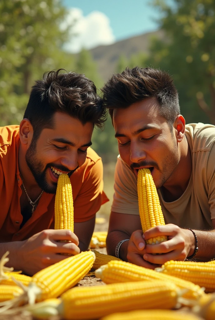 Create Natanael Cano and Junior H eating corn together lying down