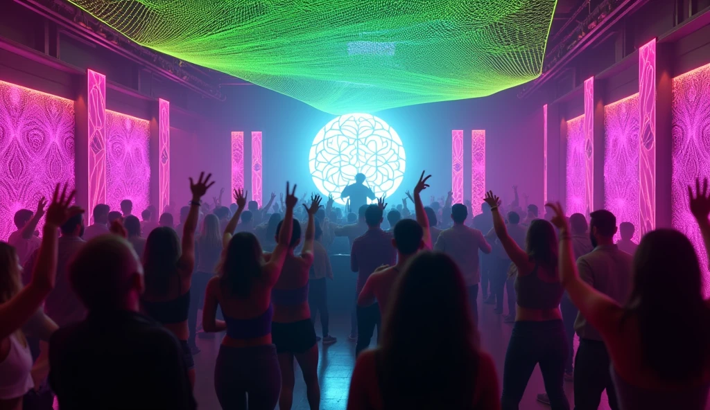 Image of a dancing audience from behind, jumping and raising his arms in front of a DJ on stage in a very very small bar with a dim purple lighting ambiance. A very large luminous flower of life in the center. Psychedelic pink and neon green string art on the walls. A fluorescent green openwork lycra fabric on the ceiling. multicolored lasers in the direction of the audience