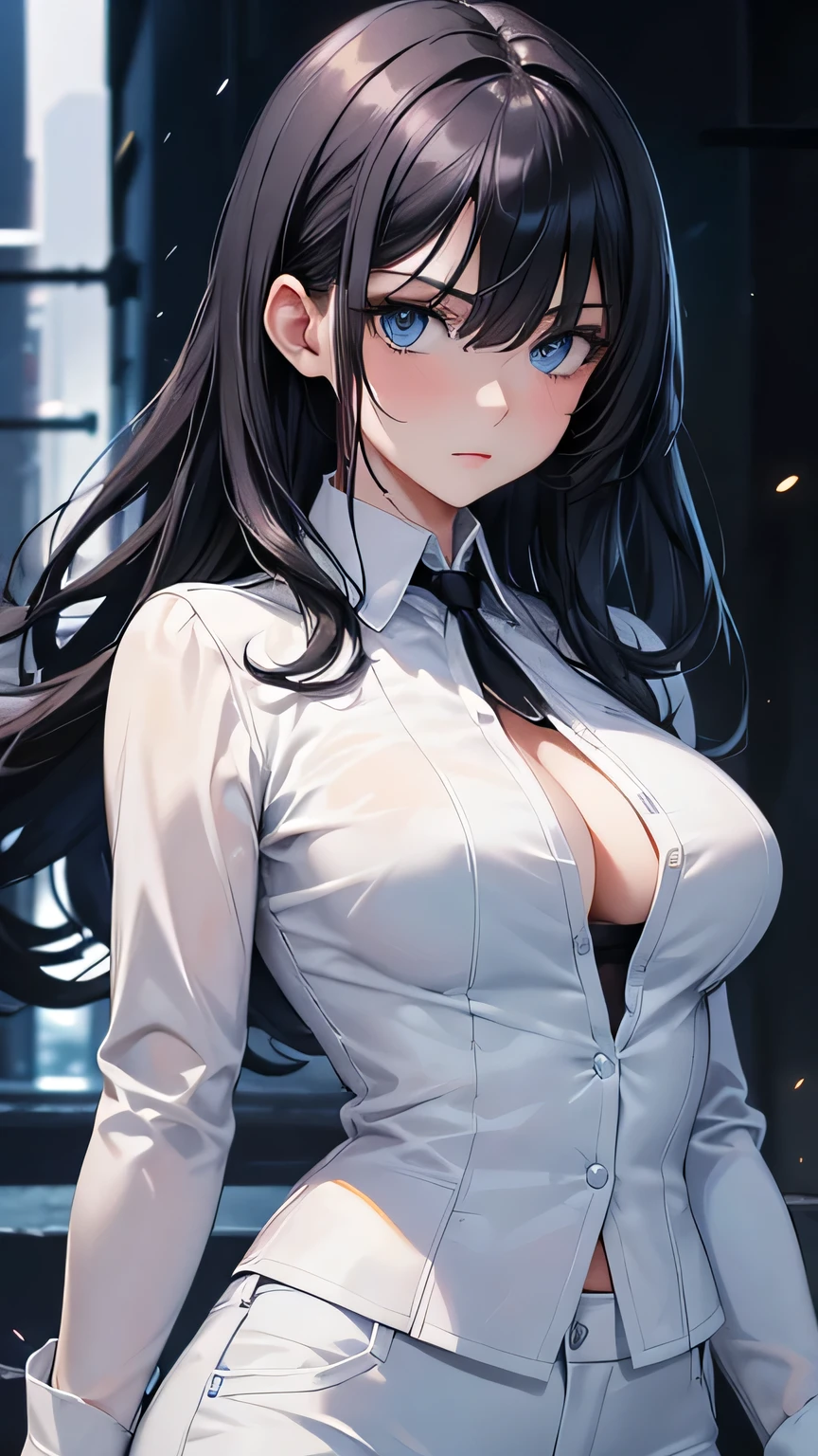 (Highest quality)), Ultra-high resolution,Adult women, alone, sexy, (Serious expression), (Blue eyes), Beautiful and symmetrical face, (Black cut medium hair),White formal shirt,Black suit pants,Realistic:1.4,Realistic:1.4,Night Alley,(masterpiece:1.2),Perfect Eyes,Perfect Eyes,Ample breasts
