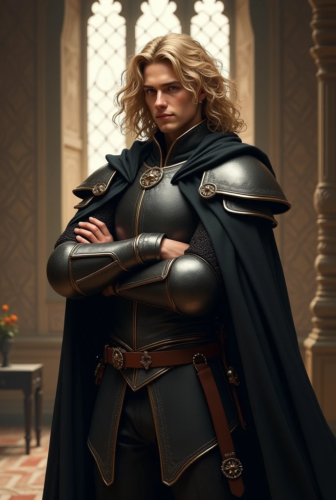((Best Quality)), ((artwork)), (detailed), 8k, 4k, high contrast, artwork,  Meticulous attention to facial features and hair strands, 19 year old young man, an adventurous man with long curly blond hair,black cloak,layer , crossed arms pose ,battle suit ,smile slightly,In the background, a castle room ,clear lighting, detailed shadows 