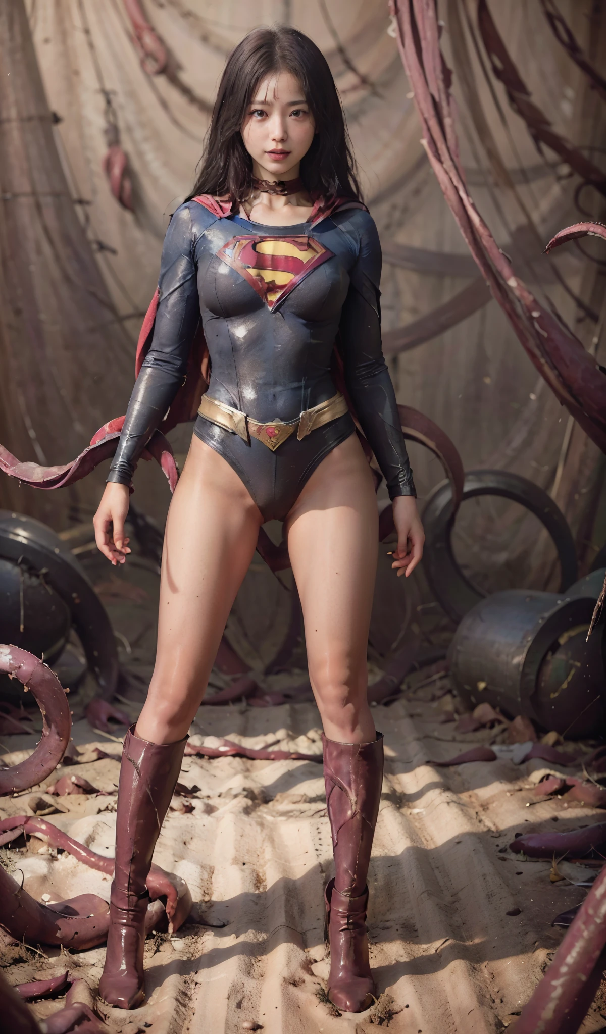 No background、Supergirl is attacked by tentacles、Tentacle nest、(thick tentacles wrap around the neck:1.3)、Arm gets swallowed by tentacle、(The tentacles swallowed both of her legs.、Spread it wide.:1.9)、Crying Supergirl、(Insert the tentacles:1.6)、(((Beautiful legs in black tights.)))、(((Legally express the beauty of your smile)))、((((Make the most of your original images)))、(((Supergirl Costume)))、(((Beautiful Hair)))、(((suffering)))、(((Please wear black tights....、Wear red boots)))、((Best image quality、8k))、((Highest quality、8k、masterpiece:1.3))、(((Preserve background )))、Sharp focus:1.2、Beautiful woman with perfect figure:1.4、Slim Abs:1.2、Wet body:1.5、Highly detailed face and skin texture、8k