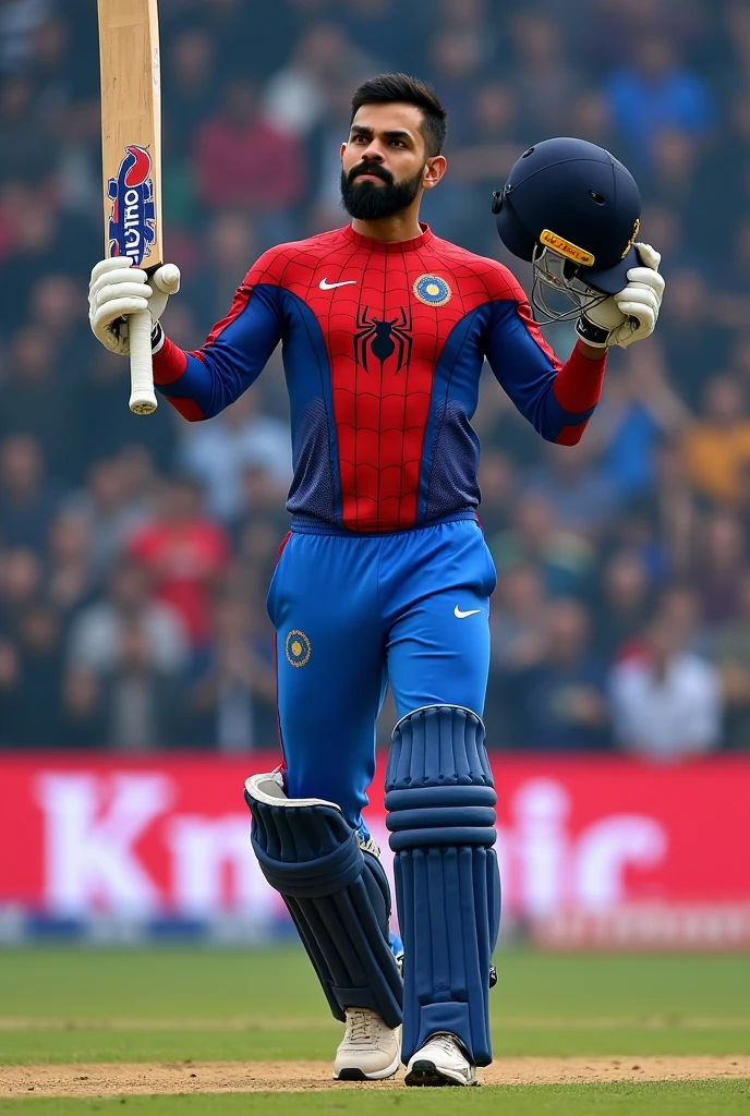 Virat Kohli in Spiderman suit in while celebrating his century  with bat and helmet in hand with agression 
