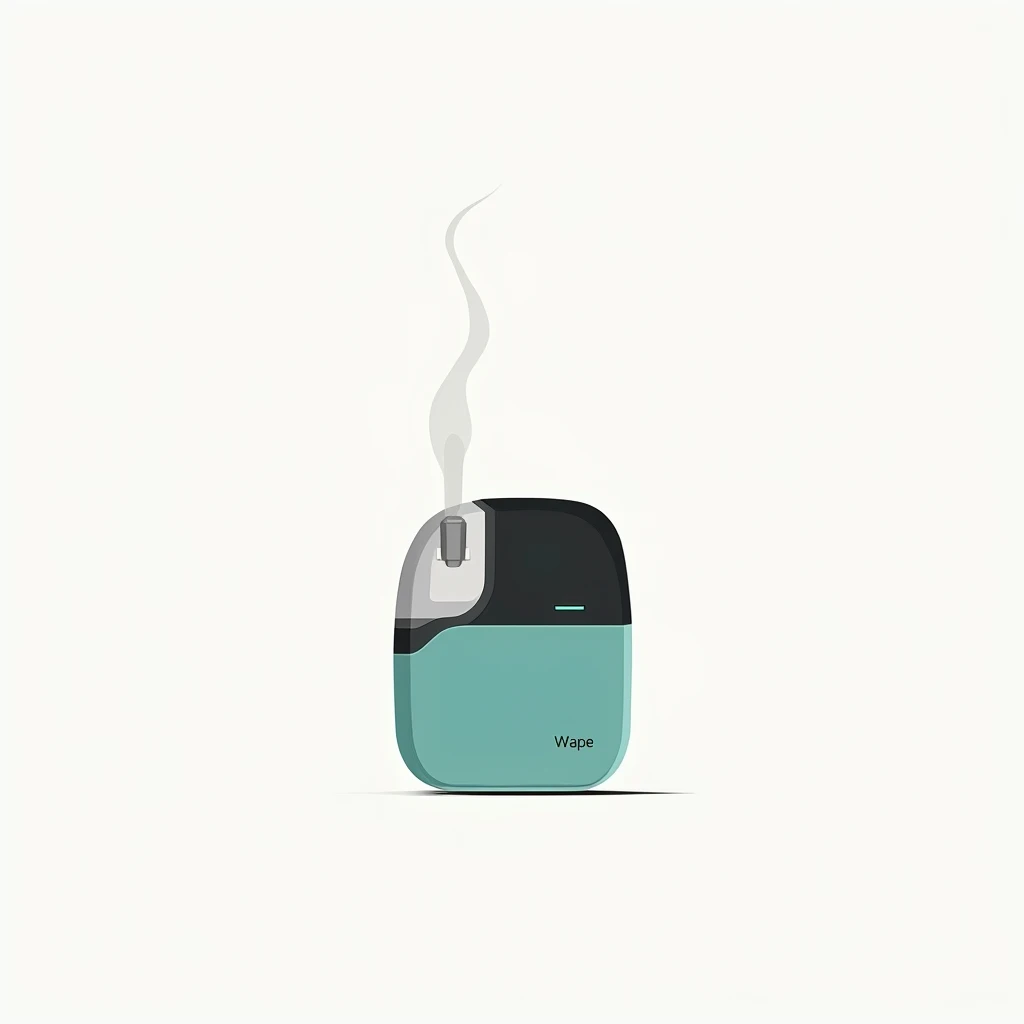 A minimalist vector art, black, white, teal, colors, pod system, a small wisp of white semi-transparent vapor emerging from a drip type, white background