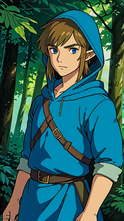 (1boy, solo, link), (extremely detailed CG unit 8k wallpaper),(master part), (best quality), (ultra detail), (best illustration),(ghibli style), cowboy shot, (Sharp eyeliner, ombre, detailed eyes:1), forest, outdoors background, ,break,  (GHIBLI_Background), upper body, blue eyes, blue tunic, hood, hood up, leaf, light brown hair, looking at viewer, male focus, nature, pointy ears, 