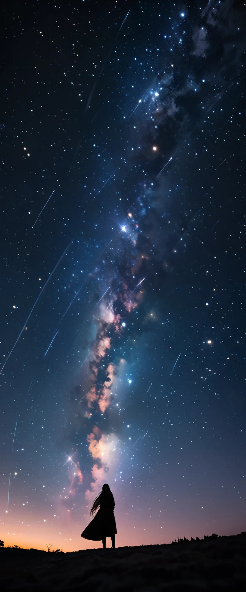 
Many stars twinkling in a beautiful bright winter night sky, long exposure starry sky with many circular orbits, silhouette of a young woman with long hair with her hands in her coat pockets looking up at it, photo taken from long distance, photo from below