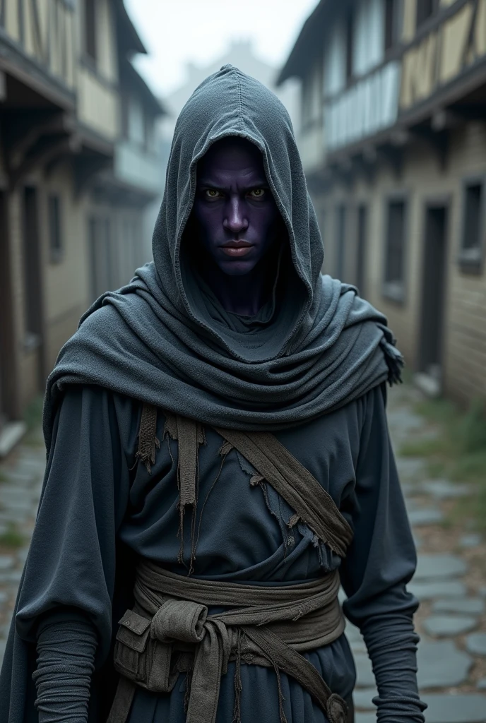 hooded young man, wrapped in dark grey bandages and cheap clothes. His eyes shine through slits in the bandages that cover his body. The skin that can be seen is dark purple. He seems mysterious. medieval scene