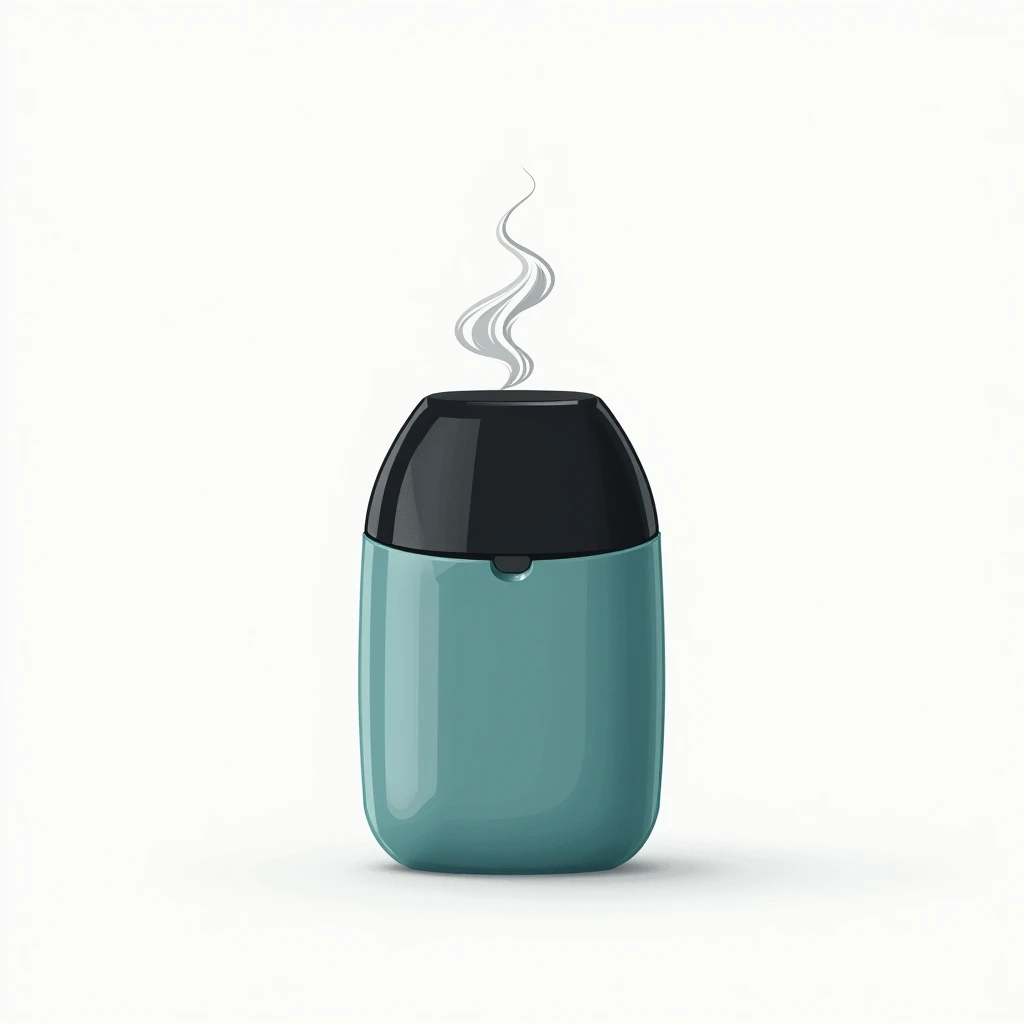 A vector art, black, white, teal, colors, pod system, a small wisp of white semi-transparent vapor emerging from a drip type, white background
