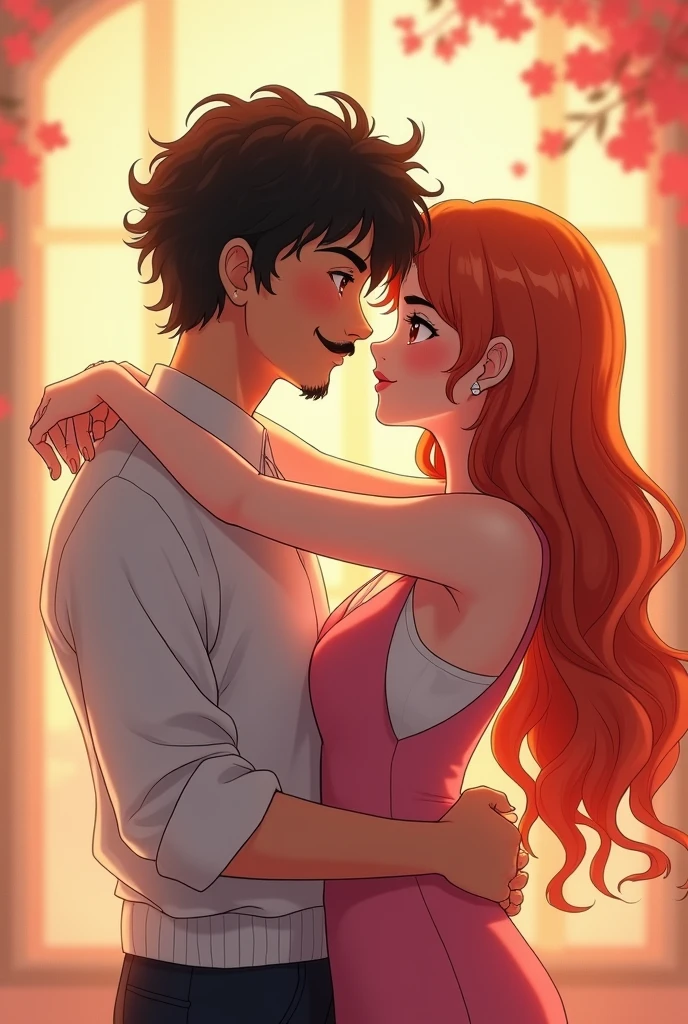 White girl, long and wavy hair, ginger/orange hair, doe brown eyes, pink makeup, cute outfit 
An Moroccan man, curly black hair, big nose, with a mustach no earring 
They are hugging each other 
Anime style 