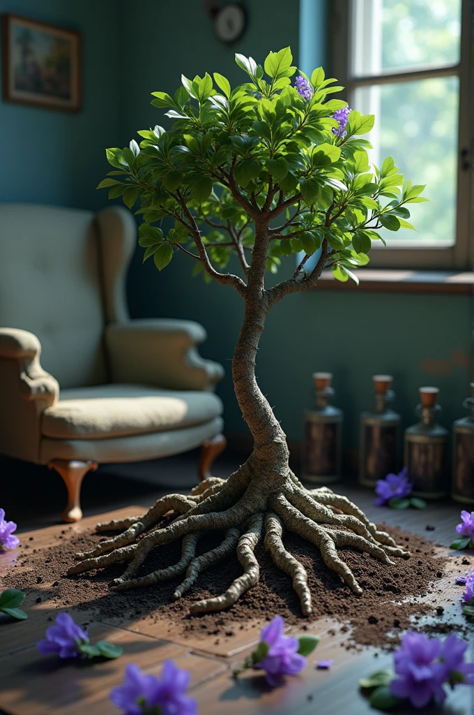 small tree roots around the edge, without touching the medium, In the background there is a somewhat old armchair with some small bottles on the side with dirt inside.. On the edges without touching the roots some violet flowers