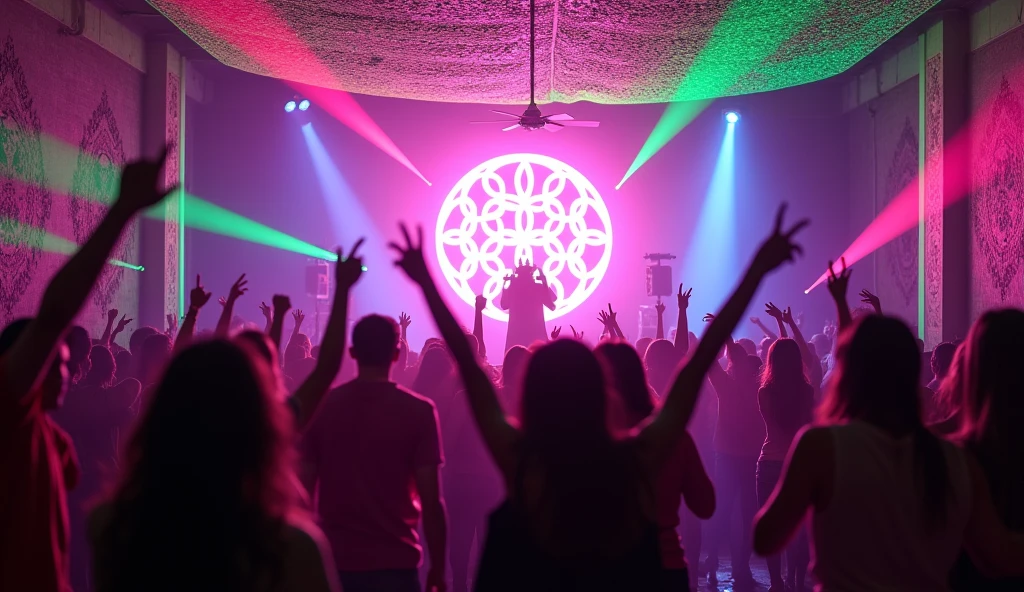 Image of a dancing audience from behind, jumping and raising his arms in front of a DJ on stage in a very very small bar with a dim purple lighting ambiance. A very large luminous flower of life in the center. Neon pink and green psychedelic patterns on the walls. A neon green openwork lycra fabric ceiling. of multicolour lasers
