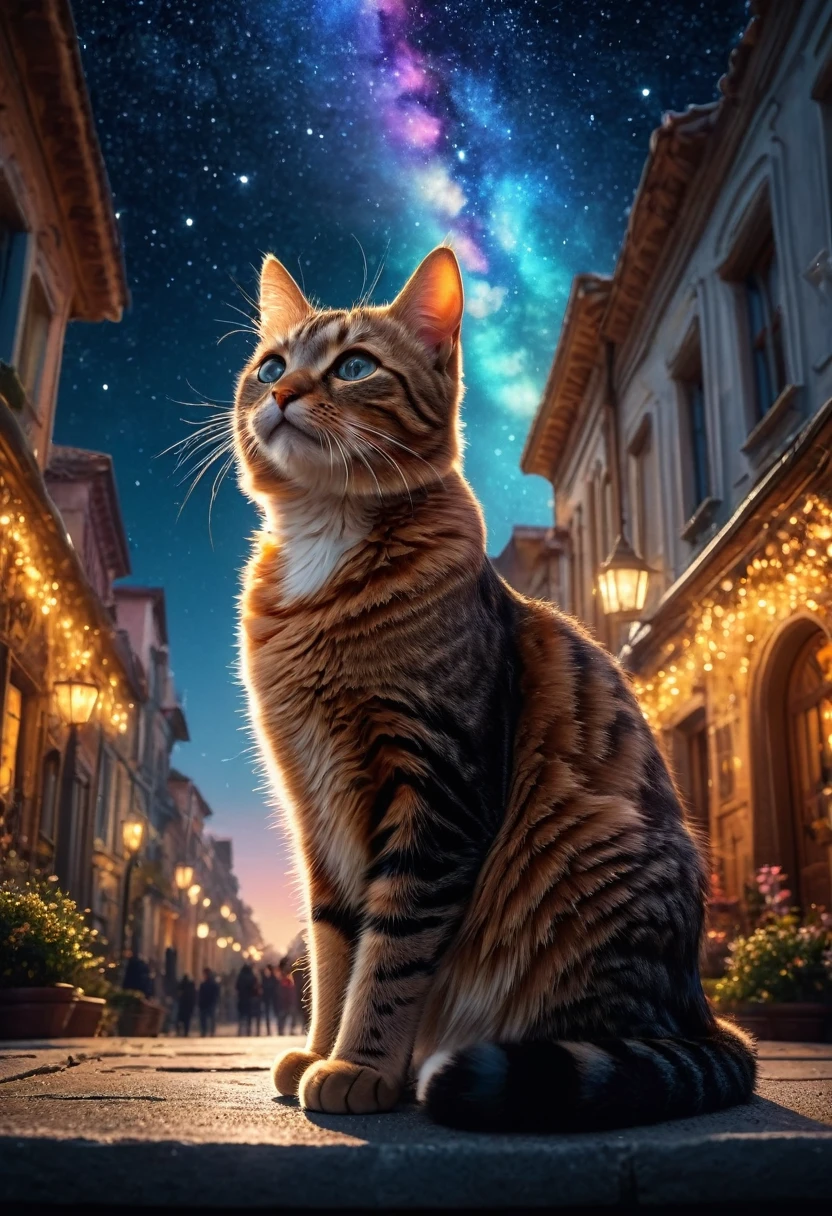 (best quality, masterpiece, beautiful and beautiful), 8k, (hdr:1,4), high contrast, extremely detailed, surreal, absurd, kodak bokeh, lens flare, (vivid colors:1,4), (soft colors, dull colors, soothing tone), cinematic lighting, ambient lighting, side lighting, fine details and textures, cinematic lenses, warm tone, (bright and intense:1,2), wide angle shot, surreal illustration, animation style, Starry Sky, a cat following people, fly me to the moon, let me play among the stars, let me see what spring is like on jupiter and mars, in other words, hold my hand, in other words, baby, kiss me, fill my heart with song and let me sing for evermore, 3d render, centered, symmetry, painted, intricate, volumetric lighting, beautiful, rich deep colors masterpiece, sharp focus, ultra detailed, in the style of dan mumford and marc simonetti, astrophotography,