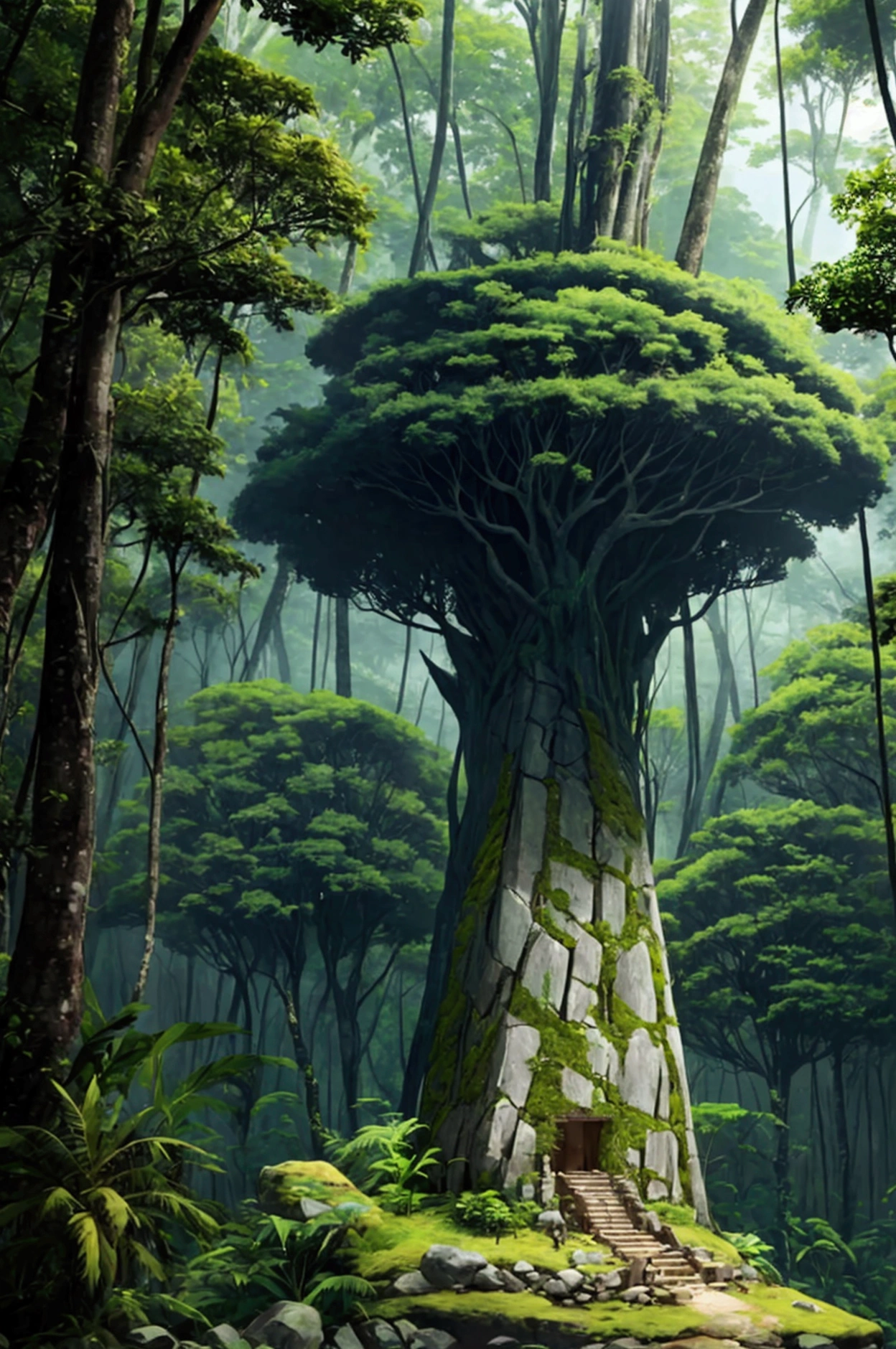 Sudden megalithic civilization in deep jungle, undiscovered and hidden by huge trees, unexpected modern civilization, best image quality