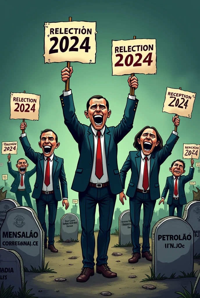 A cartoon of politicians rising from graves labeled with corruption scandals like “Mensalão”, “Petrolão” and “CPI of NGOs”, everyone with smiles and holding “Reelection 2024” signs.