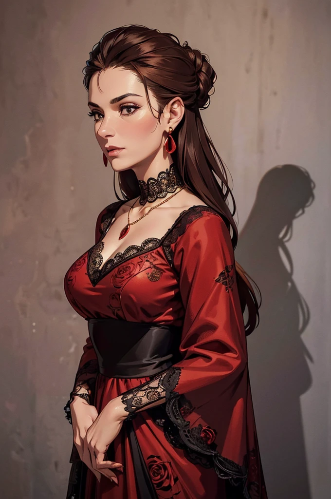 (extremely detailed CG unit 8k wallpaper, masterpiece, best quality, ultra-detailed), (best lighting, best shadow), 45 year old Spanish woman, mature, square face, wearing 1 red rose on necklace neck, wearing black lace dress with red, golden earrings, features like a maria padilla, (highly detailed skin: 1.2), medium brown loose hair with lights