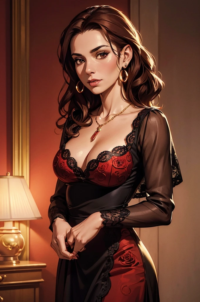(extremely detailed CG unit 8k wallpaper, masterpiece, best quality, ultra-detailed), (best lighting, best shadow), 45 year old Spanish woman, mature, square face, wearing 1 red rose on necklace neck, wearing black lace dress with red, golden earrings, features like a maria padilla, (highly detailed skin: 1.2), medium brown loose hair with lights