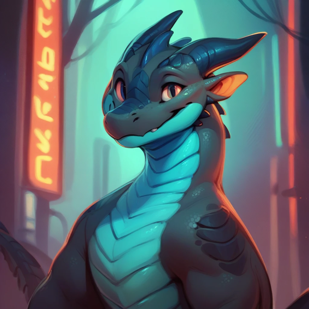 feral, dragon, solo, scalie, anthro, ambiguous gender, hi res, black body, neon blue chest, anthro, standing, digital media (artwork), looking at viewer, smile