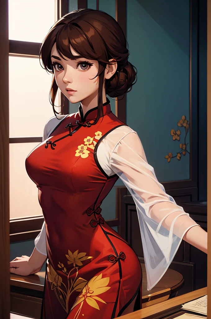 Illustration design, delicate characters, windows, tables, brown hair, big eyes, long cheongsam