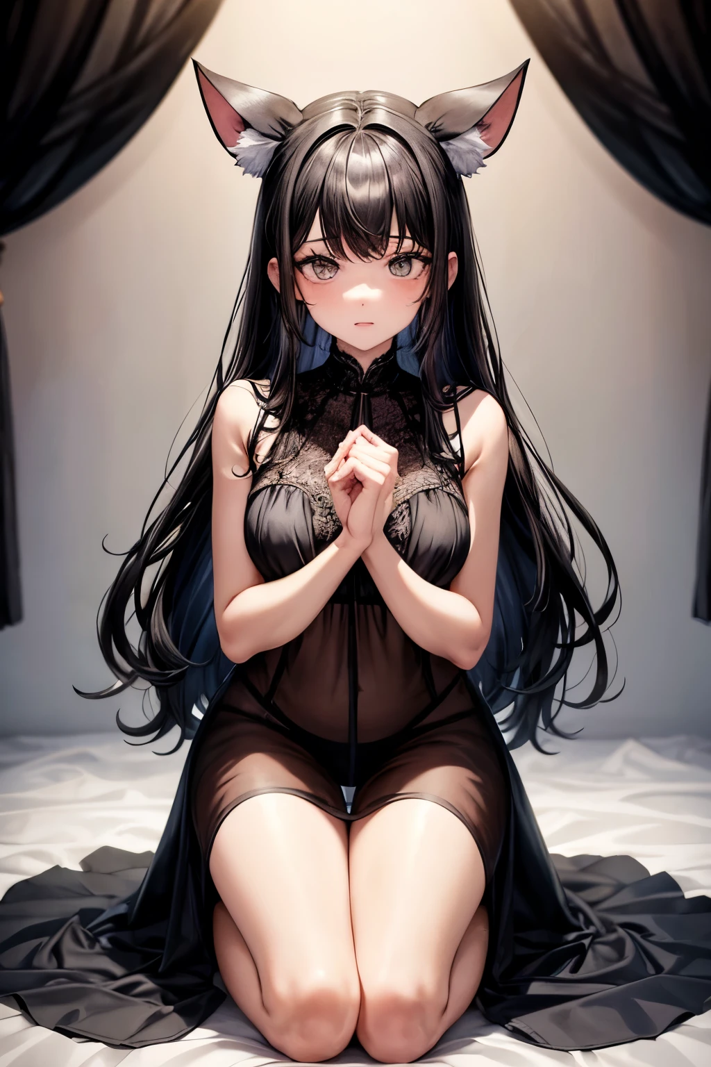 official art, Best Quality, ultra-detailed, high resolution, unity 8k wallpaper, extremely detailed CG, white skin, cute face, , cute girl, Beautiful black hair, close eyes, flat chest, small build, minimum, No muscles, gothic, magical girl, little naughty, (((cry and fear, despair, excessive cum on Whole Hair, excessive cum on facial, excessive cum all over girl's hair, excessive cum on body, cum stained body))), Inside the abandoned house, black smoke, bokeh