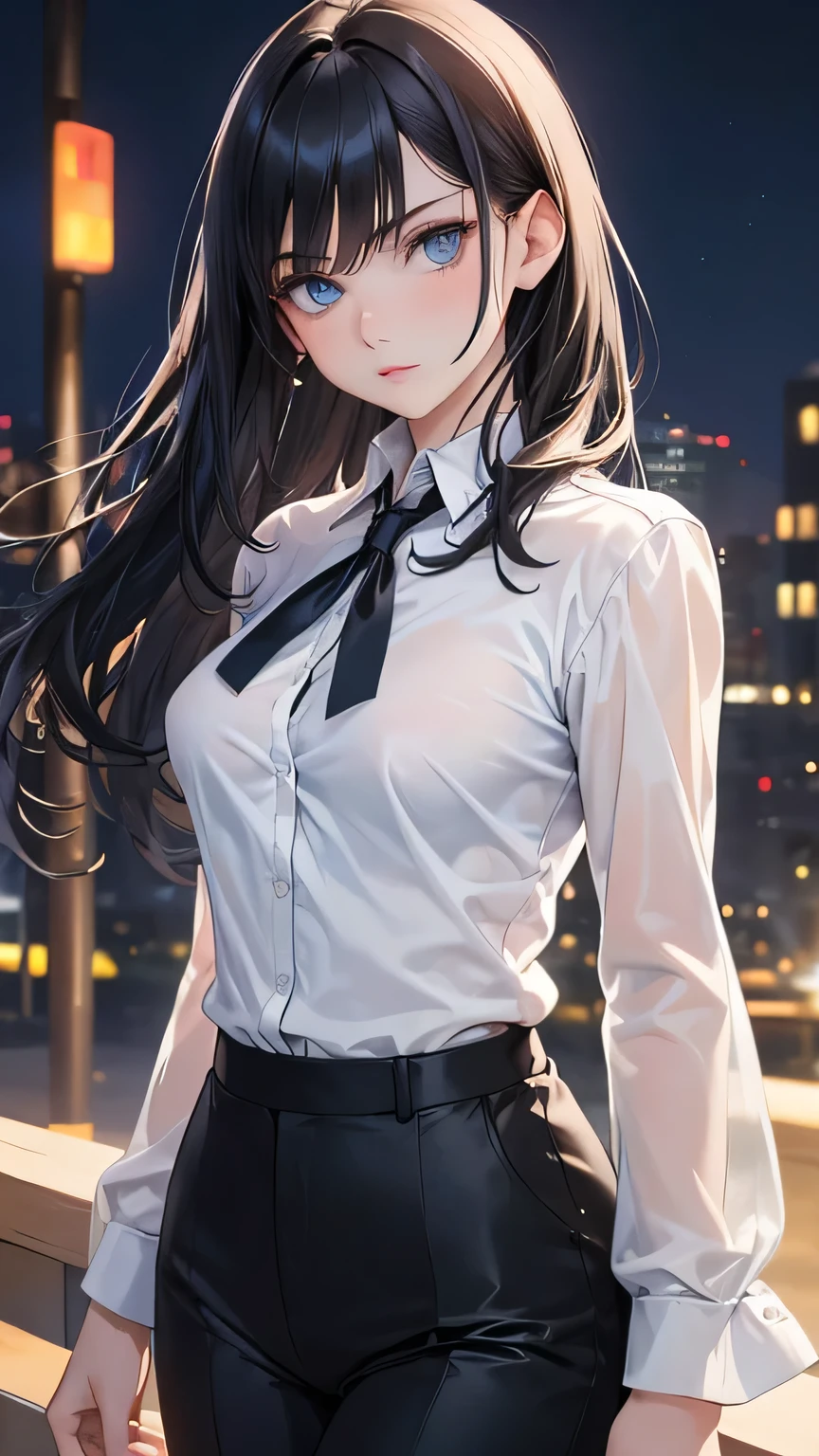 (Highest quality)), Ultra-high resolution,Adult women, alone, sexy, (Serious expression), (Blue eyes), Beautiful and symmetrical face, (Black cut medium hair),White formal shirt,Black suit pants,Realistic:1.4,Realistic:1.4,Night Alley,(masterpiece:1.2),Perfect Eyes,Perfect Eyes,Ample breasts