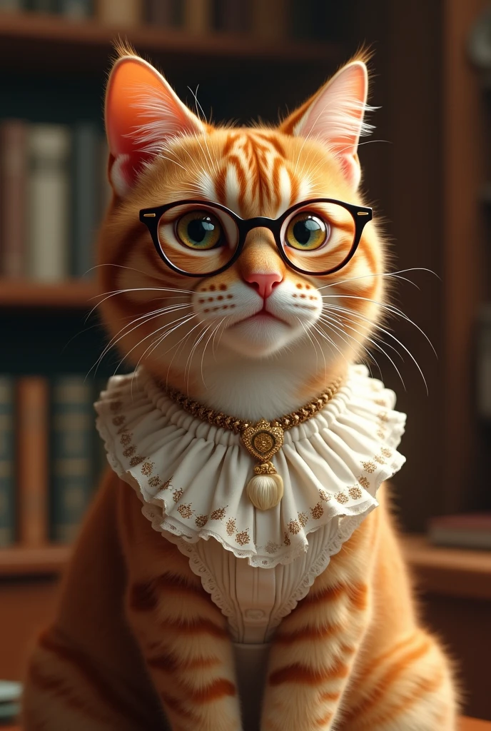 A caramel colored female cat, wearing glasses and a blouse