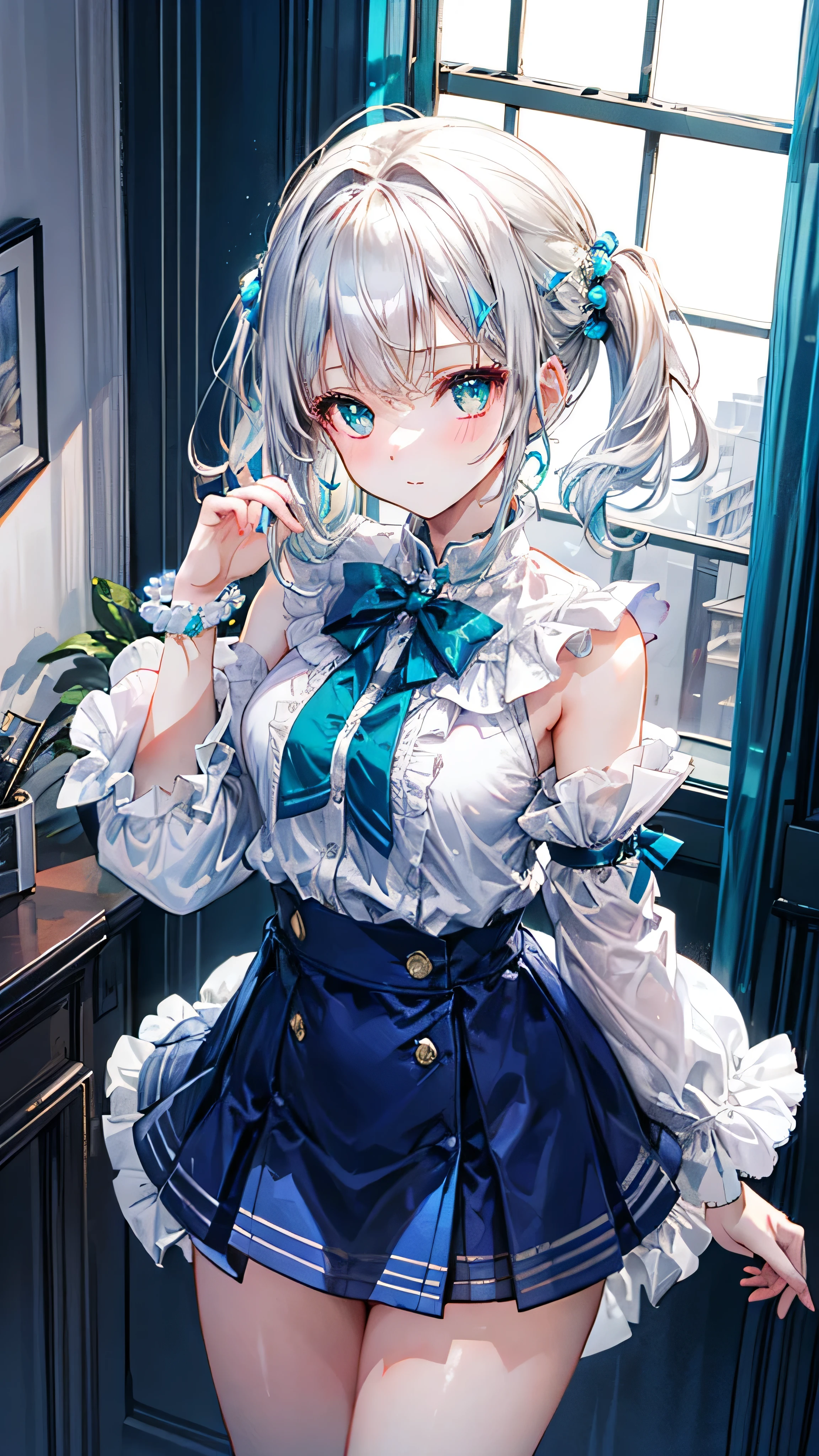 (Highest quality, 8k, 32K, masterpiece, Ultra-high resolution,:1.2),born, One girl,Super cute , Natural light,Clear, shining eyes, 20-year-old ,Fair skin, モダンミニマリストパフスリーブシャツドレスデザインborn地, crisp, High quality rice is firmly, Bold colors like emerald green and cobalt blue, Straight cut for a relaxed fit, Mid-thigh length、Modern and unpretentious。. sleeve, フィットしたsleeve口に向かって細くなるオーバーサイズのパフスリーブ, Creates a dramatic yet sophisticated silhouette. White medium hair, Cowboy Shot, Near the window, Shiny, From above, Close-up shot