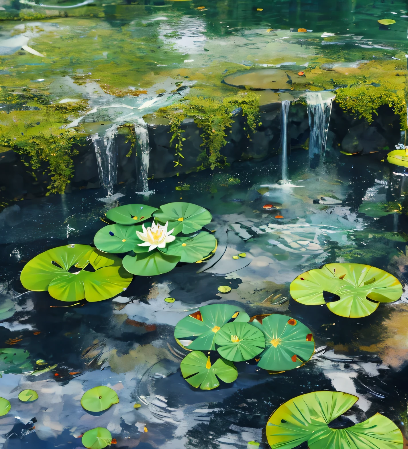 (Masterpiece:1.2), Best quality,fantasy,
scenery, Overlooking, water, No Man, flower, lily pad, Outdoors, The fish